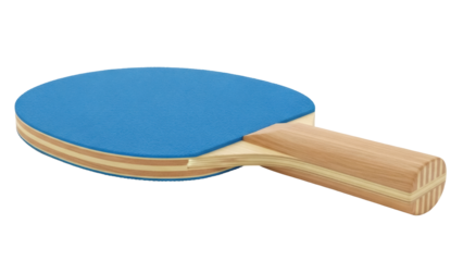 Isolated ping pong paddle with blue rubber surface, sporting recreation gear on a bright scene