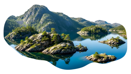 A serene landscape of mountains and islands surrounded by calm water on a sunny day with lush greenery and rocky shores