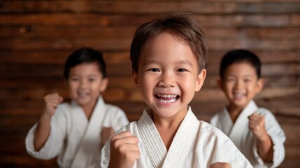 Three young boys in karate uniforms display excitement and determination, showcasing camaraderie and the joy of learning martial arts in a warm, wooden environment.