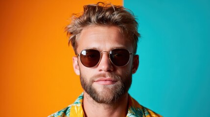 This image features a stylish man wearing sunglasses, against a vibrant orange and teal backdrop, exuding a sense of confidence and modern fashion trends.