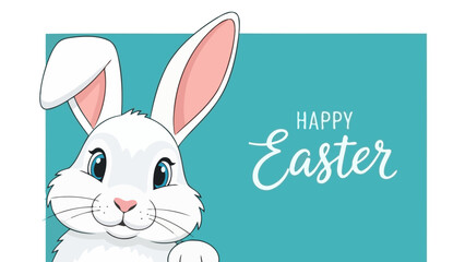 Obraz premium A cute white Easter bunny with pink ears and nose, with a happy Easter greeting.