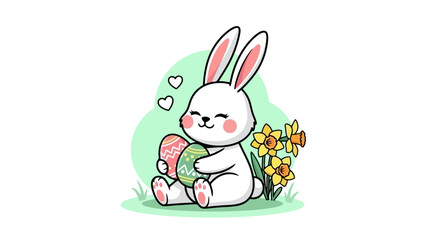 Obraz premium A cute white bunny rabbit is holding a decorated Easter egg, surrounded by daffodils and hearts.