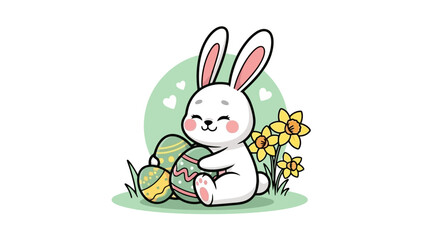 Obraz premium A cute white bunny hugging Easter eggs with daffodils in the background.