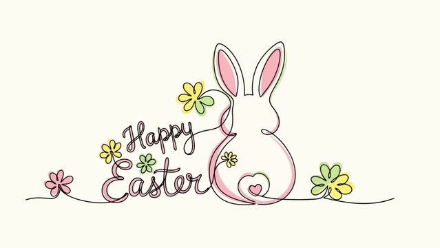 Minimalist line art illustration featuring a bunny with the words "Happy Easter" and flowers.