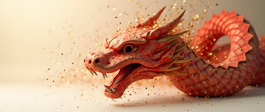 Rendu 3D repr&eacute;sentant une t&ecirc;te de dragon au corps de serpent stylis&eacute; rouge et or, entour&eacute;e de confettis scintillants, symbolisant le pouvoir et le Nouvel An lunaire chinois