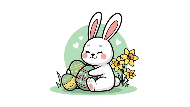 A cute white bunny hugging Easter eggs with daffodils in the background. - Powered by Adobe