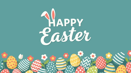 Happy Easter greeting card with colorful eggs and bunny ears illustration.