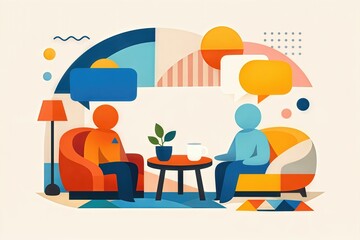 Fototapeta premium Two abstract figures engaged in deep conversation expressing emotional intelligence and connectedness in a vibrant modern living space emphasizing interpersonal dynamics and communication skills
