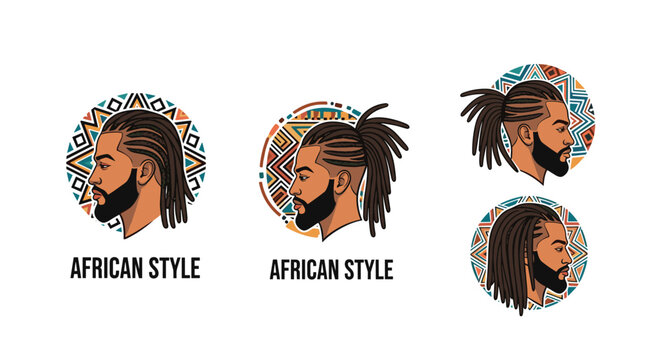 Collection of stylized profile portraits of a man with dreadlocks and a beard showcasing different African inspired geometric patterns.