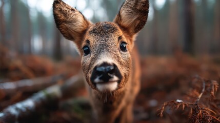 A charming young deer curiously gazes into the camera amidst the trees, showcasing the beauty and innocence of wildlife in a serene forest environment.