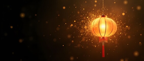 Obraz premium Vibrantly glowing traditional Chinese lantern background with sparkling golden particles and warm bokeh lights for Lunar New Year and festive celebrations.