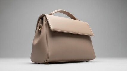 Elegant light beige leather handbag with a top handle and flap closure on a plain background.