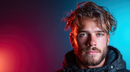 A close-up portrait of a young man with intense eyes set against a backdrop of vivid, dramatic lighting that highlights his features and conveys strong emotions.