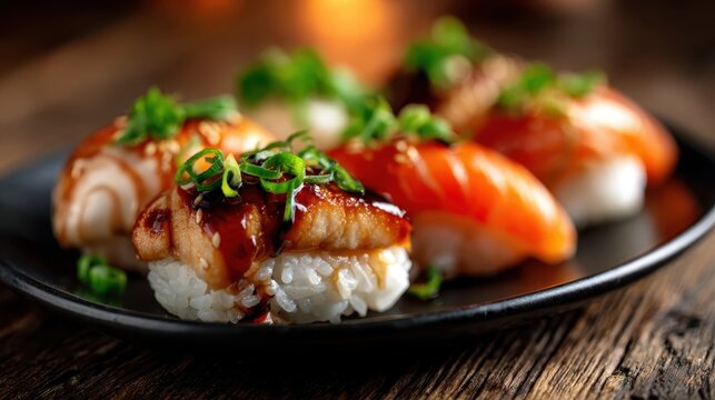 An exquisite platter of sushi, artistically arranged with salmon and green onions, highlighting the culinary art and inviting flavors that make sushi a beloved dish worldwide. - Powered by Adobe