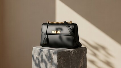 A sophisticated black leather handbag with gold hardware displayed elegantly on a stone pedestal against a minimalist beige background.