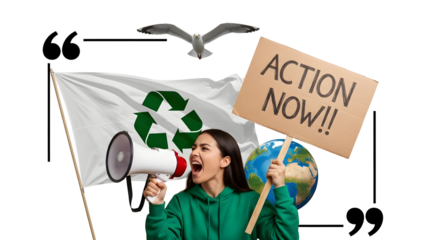 A young woman holding a megaphone and sign advocating for environmental action amidst global concerns