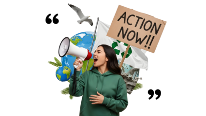 Woman holding megaphone with earth and protest sign, symbolizing environmental activism and urgency
