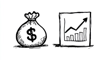 Two black and white illustrations side by side, left shows a cartoon money bag with dollar sign,