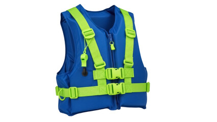 Isolated blue life jacket with fluorescent green straps and buckle for kids safety at sea