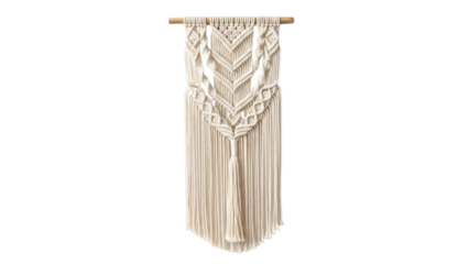 Isolated bohemian macrame wall hanging fiber art decoration on wood dowel wall decor