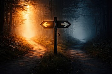 A path diverging in a forest illuminated by golden light and shadows creates a mystical atmosphere symbolizing choices and uncertainty in life