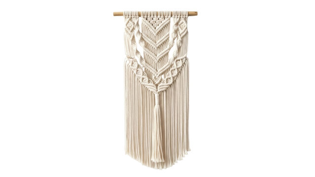 Isolated bohemian macrame wall hanging fiber art decoration on wood dowel wall decor
