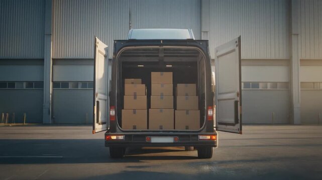 Parked delivery truck reveals neatly stacked cardboard boxes inside open rear doors ready for transport