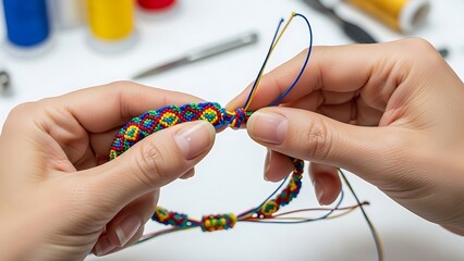 Close-up handcraft bracelet creation with colorful threads and knotting work