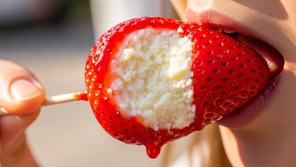 Hand holding a strawberry with cream filling