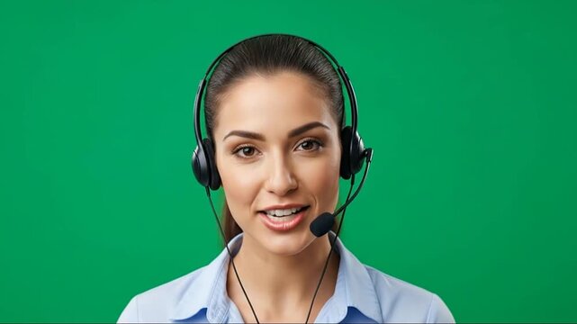 Professional Call Center Customer Service Representatives Using Headsets on Green Screen Backgrounds