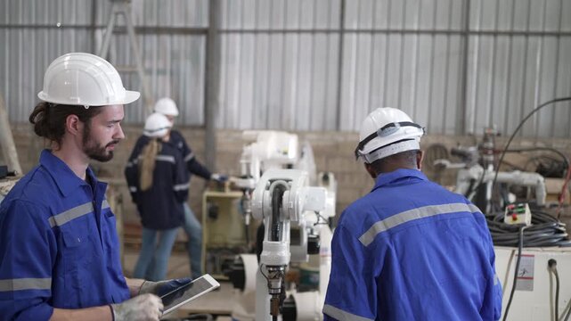 Blue collar workers are working at machine shop with welding robot arm. Factory and machinery.