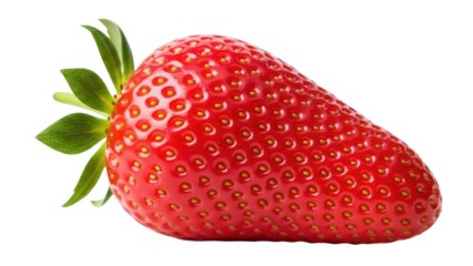 Isolated ripe strawberry, healthy eating and dieting concept, vivid red fruit and green leaves