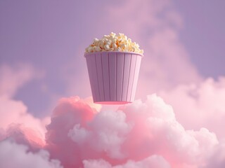 A whimsical illustration of a bucket of popcorn floating on fluffy pink clouds against a purple sky