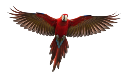 Isolated Scarlet Macaw flying with its wings spread on no background, beautiful bird