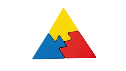 Isolated colorful interlocking triangles toy forming a larger triangle in the center