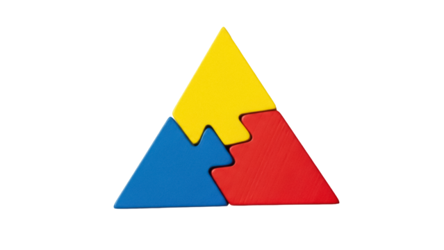 Isolated colorful interlocking triangles toy forming a larger triangle in the center - Powered by Adobe