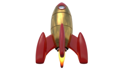 Isolated rocket ship with jet flame, vintage style flying toy, 3D render, golden and red colors