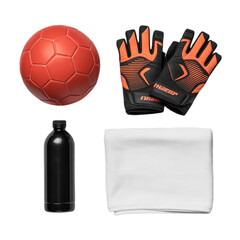 Football Training Accessories Set with Ball, Goalkeeper Gloves, Water Bottle and Towel Isolated on Transparent Background