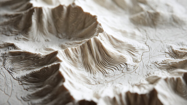 Detailed wooden topographic model showcasing mountainous terrain with intricate elevation contours and layered ridges in a natural light setting