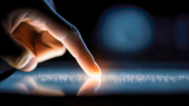Human finger interacting with a digital screen emitting a soft glow in dark surroundings, highlighting modern touch technology and user engagement concepts - Powered by Adobe