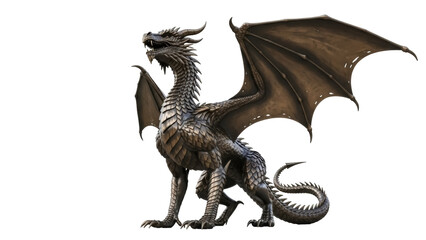 Isolated Dragon, Metallic Sculpture with Open Mouth and Spiked Tail, Fantasy Beast