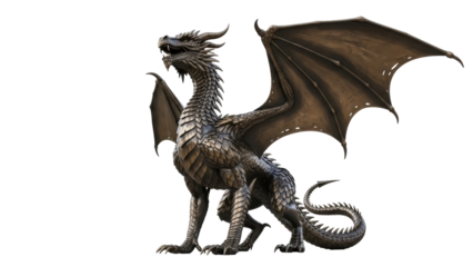 Isolated Dragon, Metallic Sculpture with Open Mouth and Spiked Tail, Fantasy Beast