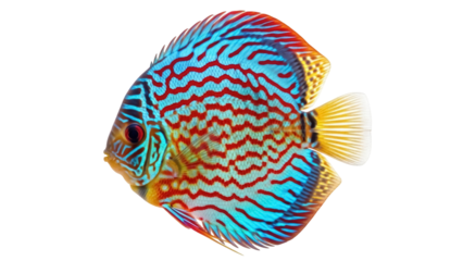 Isolated vibrant colorful discus fish swimming, a tropical aquarium pet, colorful stripes