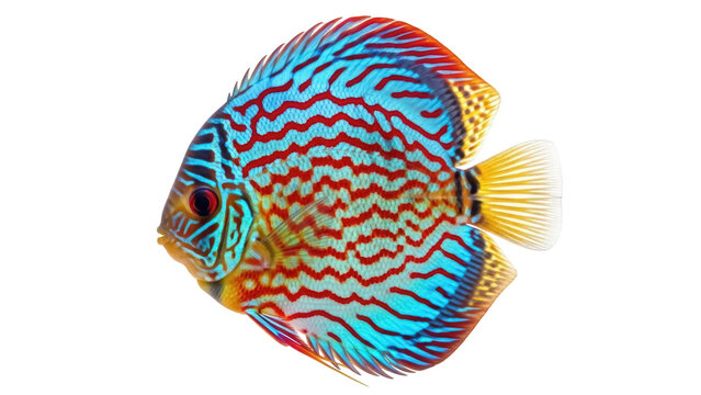Isolated vibrant colorful discus fish swimming, a tropical aquarium pet, colorful stripes
