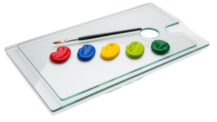 Isolated glass palette holding primary colors of paints and a brush, art supplies