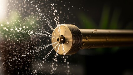 Close-up of Golden Tube with Water Splashing, Modern Industrial Design