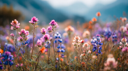 Vibrant wildflowers blooming in a colorful meadow with a blurred mountain backdrop under soft natural light during springtime in nature