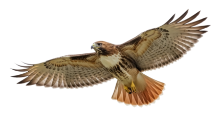 Isolated Red-Tailed Hawk flying predator with outstretched wings and plumage patterns
