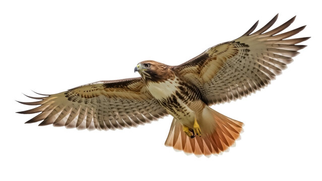 Isolated Red-Tailed Hawk flying predator with outstretched wings and plumage patterns