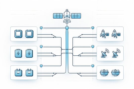 Satellite communication architecture diagram showcasing connections between satellites and ground systems featuring advanced technology graphics for innovative aerospace design